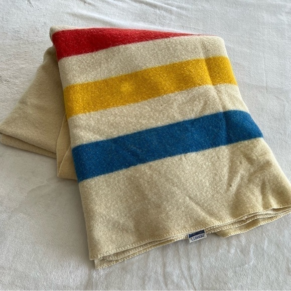 VINTAGE JcPenney 50s Golden Dawn WOOL Blanket Thick 3 Stripe Point Candy Stripe - Picture 1 of 7